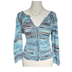 Blue Striped Cozy Crochet Y2K Button-Up Cardigan Top 2000s Knit Women’s Medium